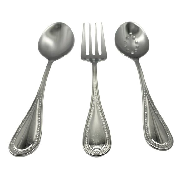 3 Gourmet Settings Serving Set Fork Solid/Slotted Spoon Beaded Glossy Stainless - Picture 7 of 7